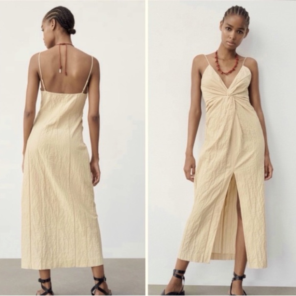 Zara Textured Knotted Front Slit Dress - Neutral Sand